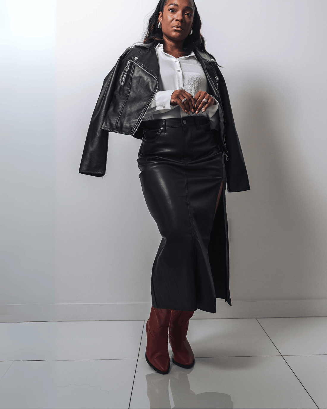 Midnight Black Leather Midi Skirt