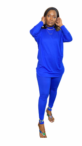 Royal Blue Solid Mock Neck Pant Set